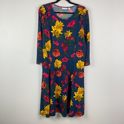 Susan Graver Printed Liquid Knit Dress with Faux Pearl Trim Size XL Floral  | eBay