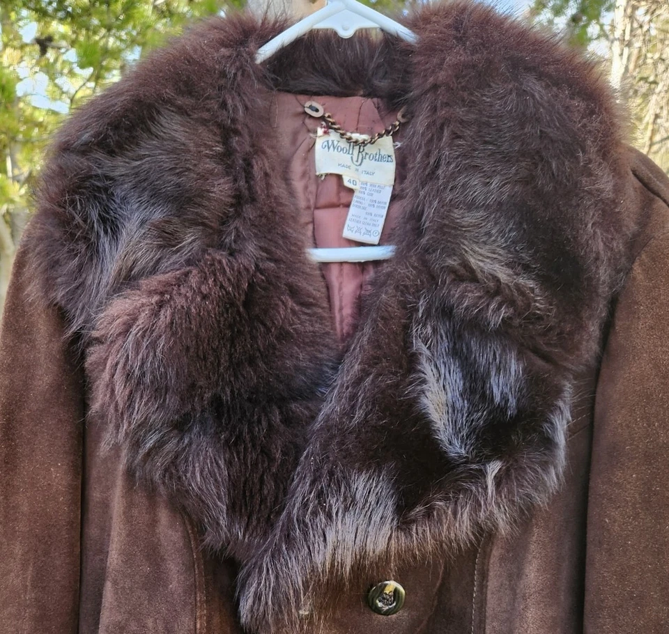 Abrigo de mujer vintage marrón gamuza cuello piel Italia talla 40 S/M Woolf Brothers Foto 4 de 4