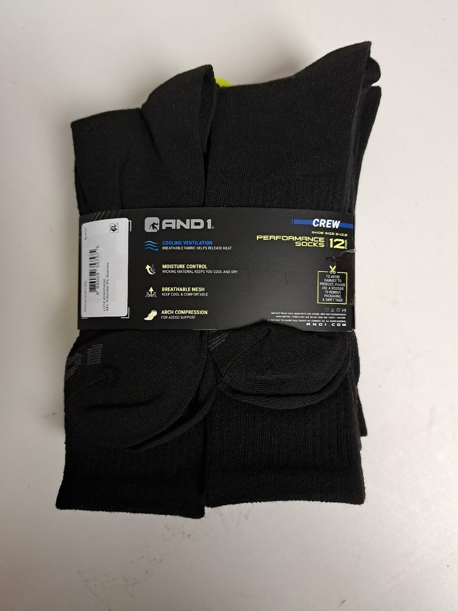 LIGHTWEIGHT STYLE AND1 Black 12 Pair ProPlatinum Crew Socks LIGHTWEIGHT STYLE AND1 Black 12 Pair ProPlatinum Crew Socks