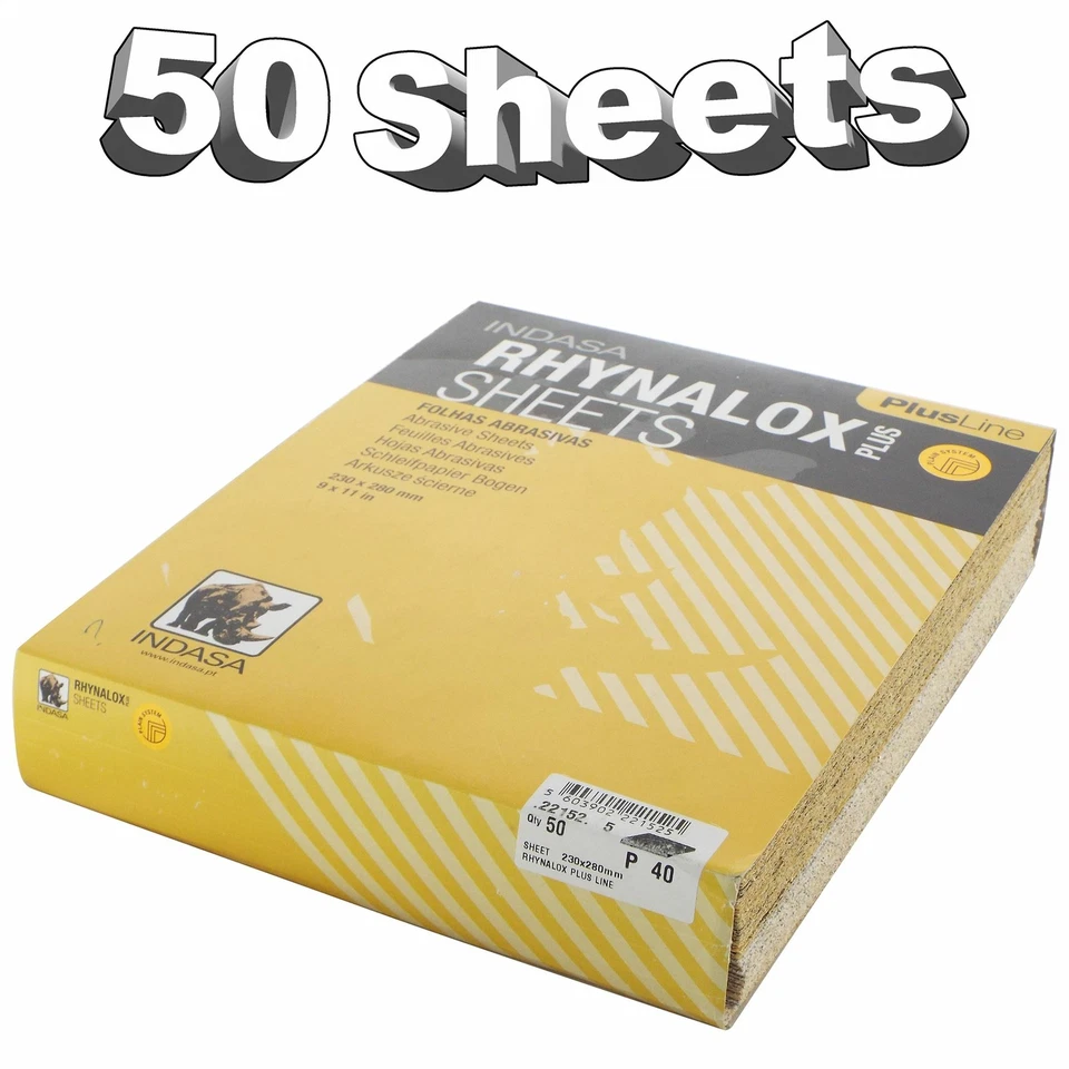 Indasa Rhynalox Plusline Production Paper P40 grit Sand Paper Sheets Pack 50