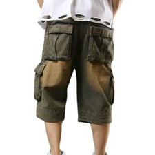 Men Cargo Pocket Denim Shorts Wide Leg Hip Hop 3/4 Length Jeans Loose Casual