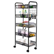 Image of Metal Black Rolling Free Standing 4 & 5 Tier Kitchen Storage Cart Trolley Wheels