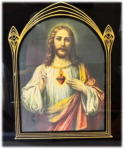 Antique 1920s Art Deco Reverse Painted Sacred Heart Of Jesus Framed Print 14x18 - Picture 2 of 8