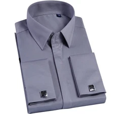 Mens Long Sleeve Shirts French Cuff Formal Business Dress with Cufflinks Shirts