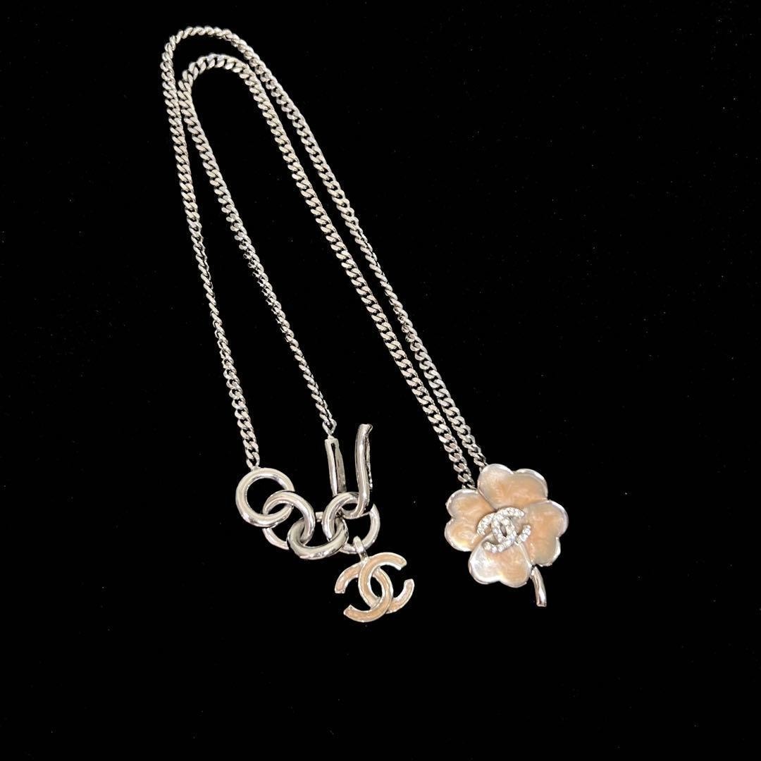 Chanel Clover Necklace Silver Metal Stones Used Elegant Jewelry