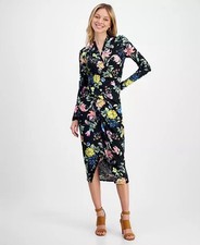New Rachel Roy Size Small Black Floral V-Neck Jersey Midi Dress Long Sleeve