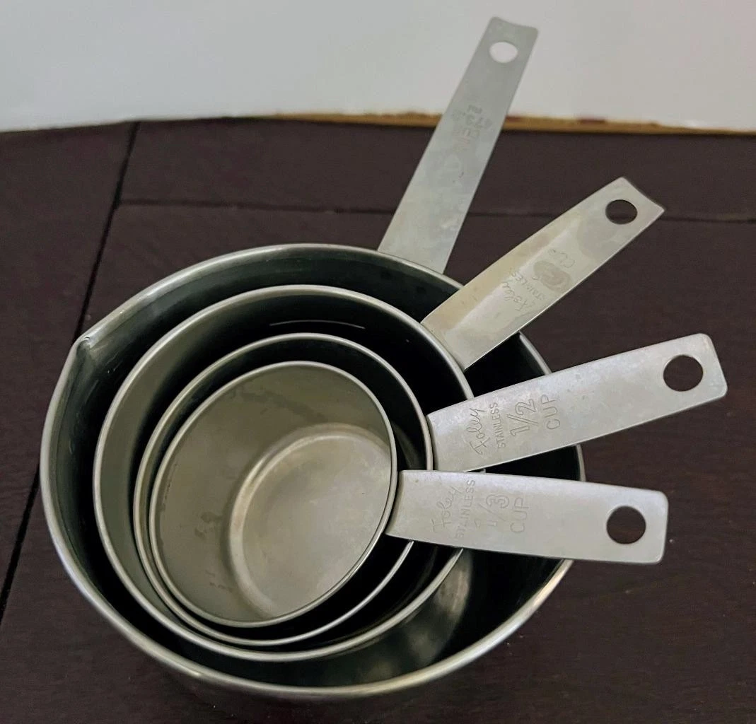 Vintage 4 Foley Stainless Measuring Cups Script Logo w 2 Cup Measure