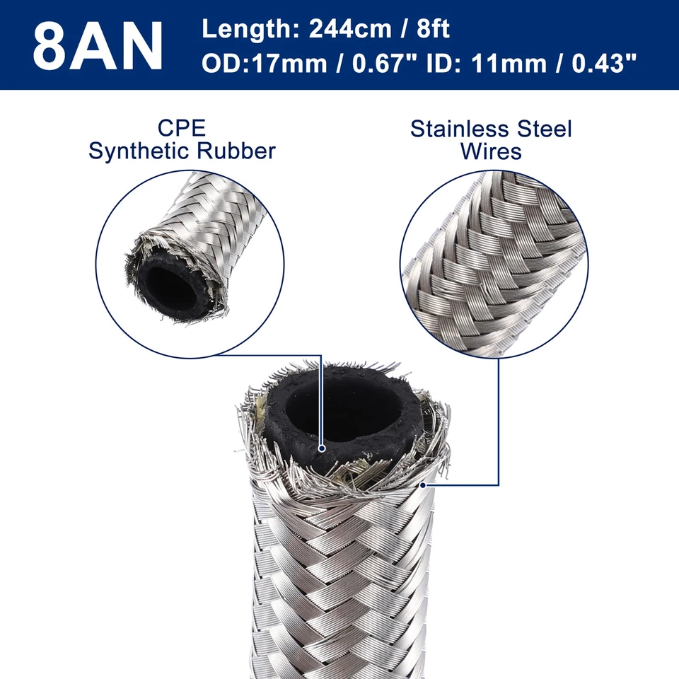 8 Pies AN8 Universal Coche Trenzado Aceite Combustible Gas Línea Manguera Plata - Imagen 3 de 4
