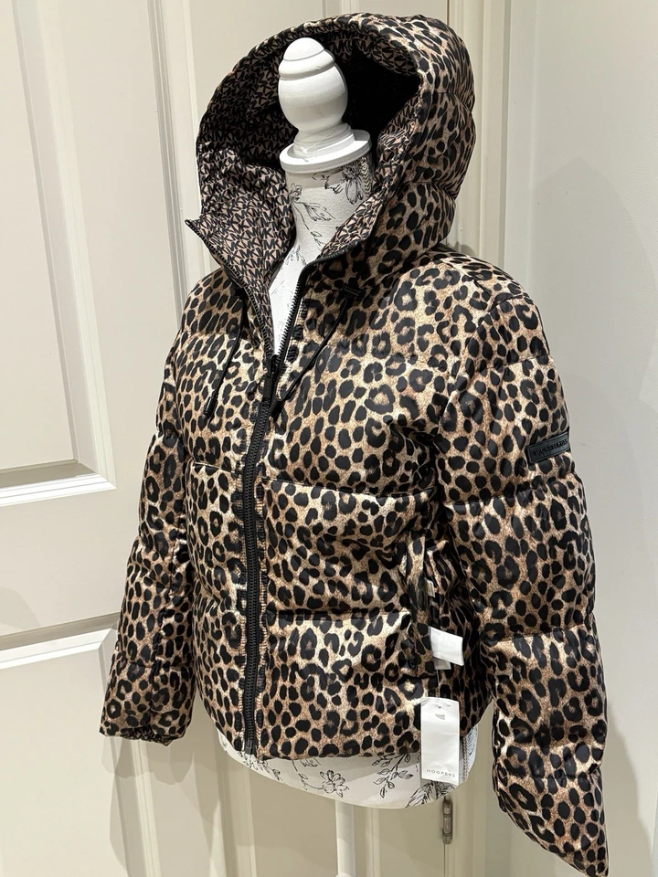 BNWT Designer Michael Kors Logo Leopard Print REVERSIBLE coat with hood Size XS - Image 3 of 4