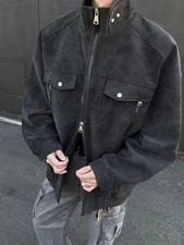 Men's Fashion Jacket Casual Loose Motorcycle Coat Pure Color Zipper Workwear
