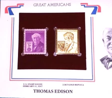 Thomas Edison - Great Americans - 22kt Golden Replica Stamps - Gold Replicas