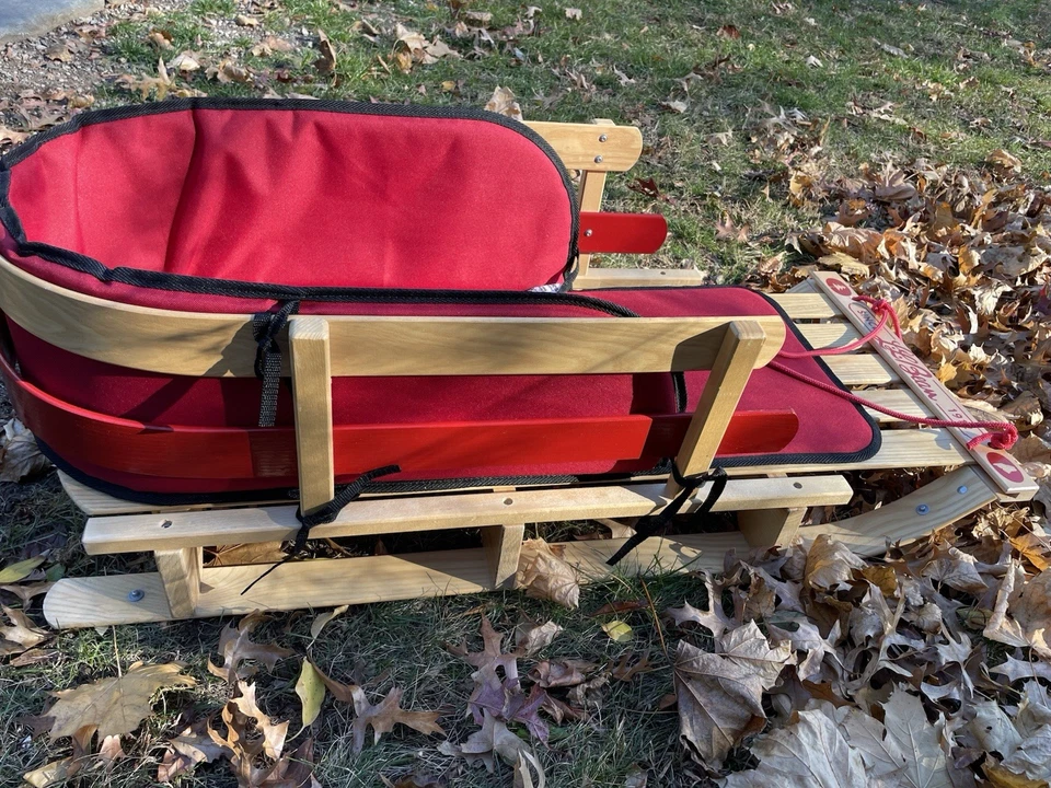 LL Bean Kids 40" Large Wooden Pull Sled with Cushion Pad & Rope Made In Canada - Image 4 of 4