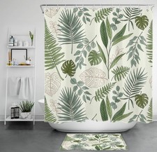 Spring Botanical Sage Green Leaf Beige Shower Curtain Set for Bathroom Decor