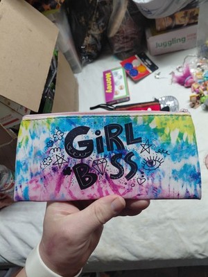 ADORE ''GIRL BOSS'' Zip Pencil/Make-Up Pouch~Tye Dye~Purple/Pink/Blue 8x4''~