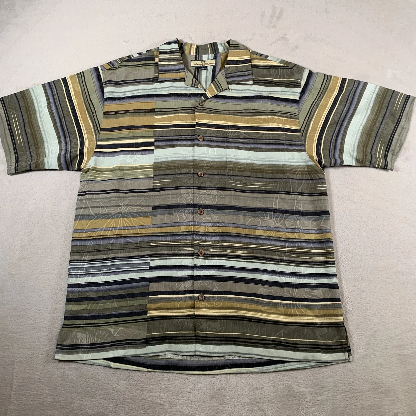 Tommy Bahama Shirt Mens Medium Multicolor Silk Striped Button Up Camp Casual