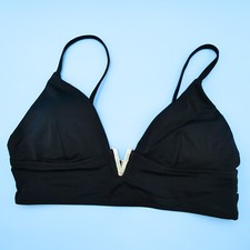 Victorias Secret XL Black Triangle Metal V Logo Padded Bikini Top Swimwear Beach