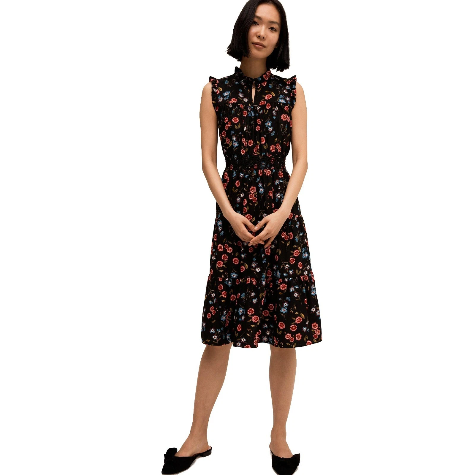 Abito Kate Spade donna X Small nero senza maniche vita smock selvaggio prato