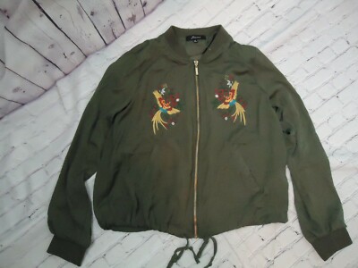 Janina Women s Jacket Zipper Front Khaki Embroidered Birds / Flowers Size M