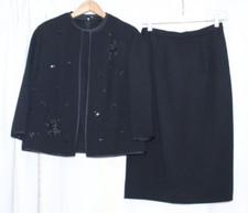 Vtg 60s Butte Knit Black Wool Beaded 3 Pc Skirt Set Tank Cardigan Womens XS/S
