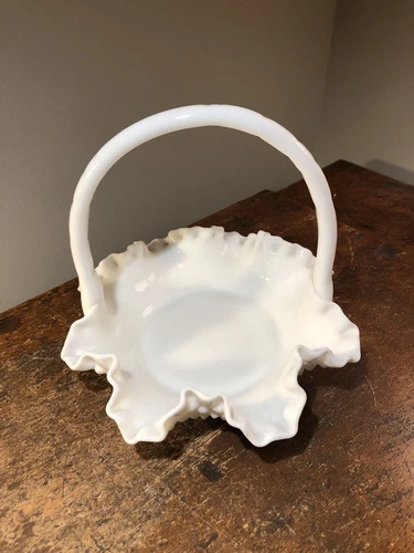 Vintage Hobnail Milk Glass Basket Ruffled Edge Double Crimped 8" Wide X 7” Tall