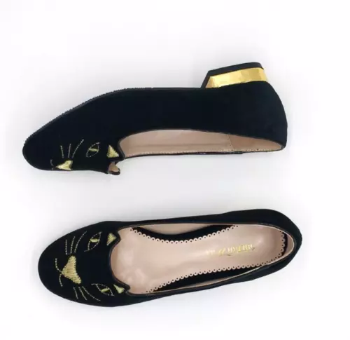 Damenschuhe Stickerei Samt flache Halbschuhe Charlotte schwarz & goldfarben neu - Bild 4 von 9
