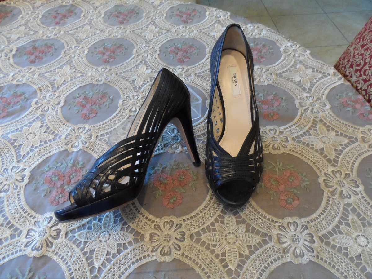 Prada Black Napa Leather Strappy Heel Pumps Size 37.5M | eBay