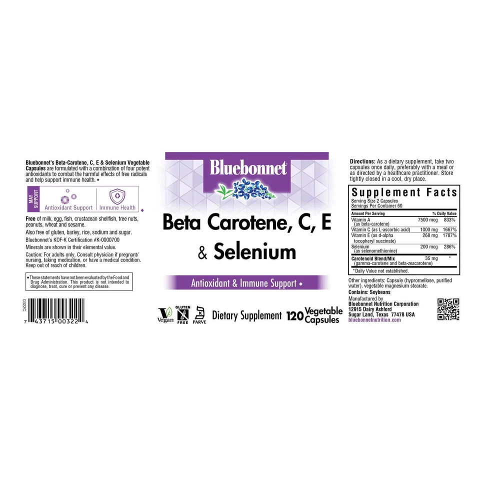 Bluebonnet Beta Carotene C E & Selenium 120 Veg Capsules - Image 4 of 4