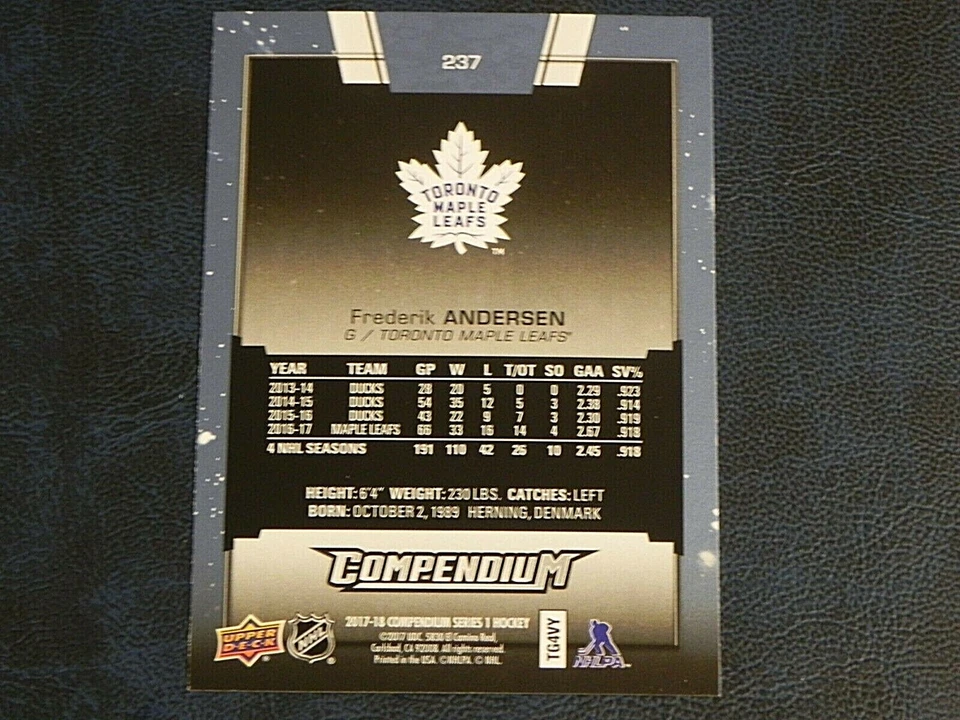 2017-18 17/18 UD Compendium BLUE #237 Frederik Andersen Toronto Maple Leafs - Image 2 of 2