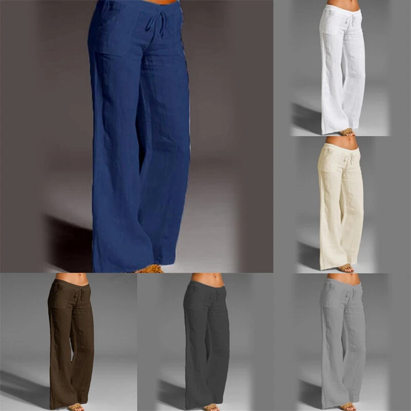 Women Casual Elastic High Waist Loose Pants Wide Leg Cotton Linen Trousers  Solid