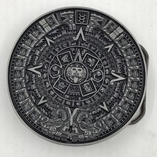 VTG Aztec Calendar Pewter Belt Buckle: Highly Detailed, Made In Mexico, New