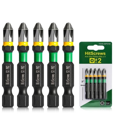 Anti-Slip Phillips Impact Bits #2, S2 Steel, Magnetic PH2, 1/4'' Hex, 5-Pack
