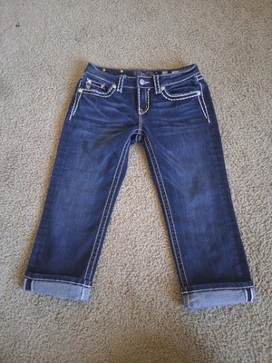 Miss Me Jeans Womens 28 Blue Signature Cuffed Capri Distress Medium Wash Denim
