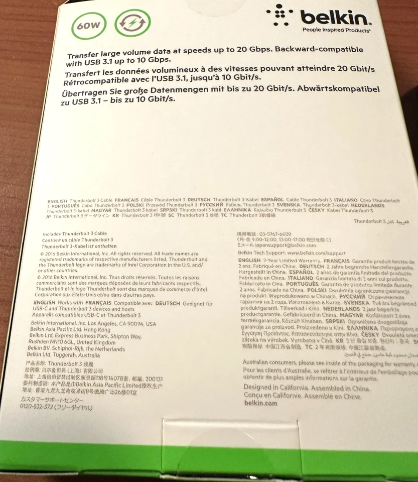 NEW Belkin Thunderbolt 3 4K USB-C To USB C Data Transfer Cable 1M 3.3ft 20GBps - Image 2 of 3