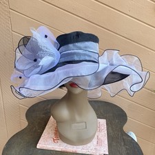 Womens Church Hat Black White Wide Brim Sheer Organza Derby