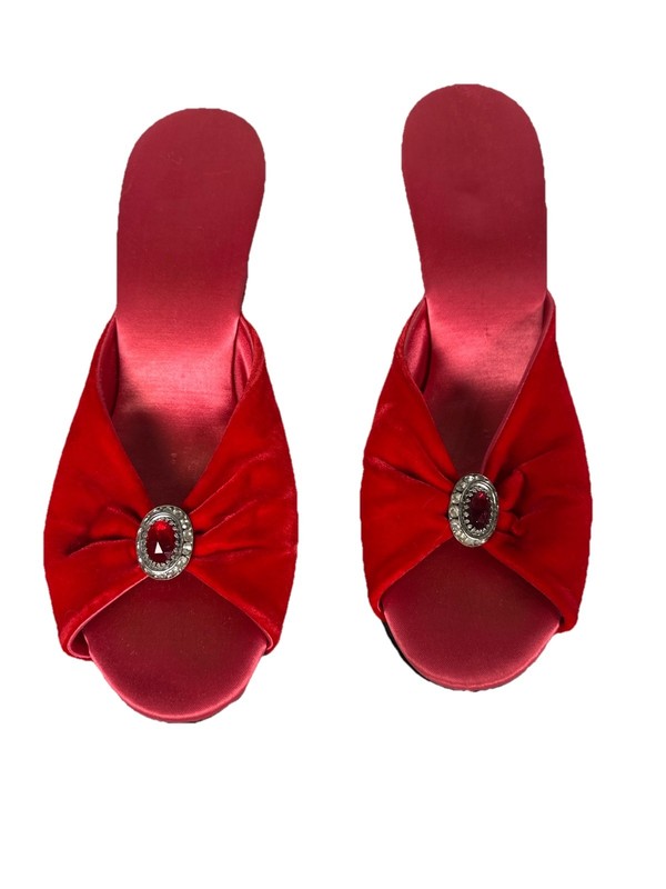 VTG NOS 50s/60s Daniel Green Red Velvet Jeweled Slippers Heel Wedge Mules 7/7.5