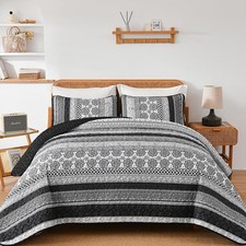 Boho Quilt Set Full Size, Grey Bohemian 3 Pieces Quilt Sets, Lightweight Micr...