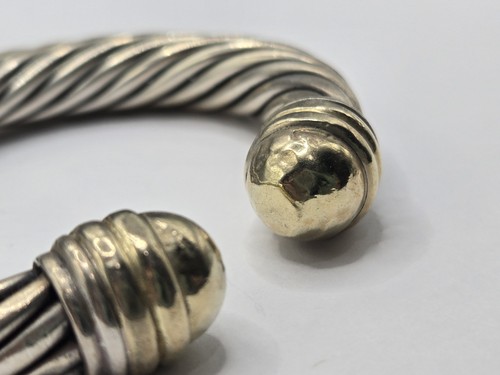 10mm David Yurman Hinged Sterling Silver Cable Bracelet 14k Gold Domes (Dented) - Picture 2 of 9