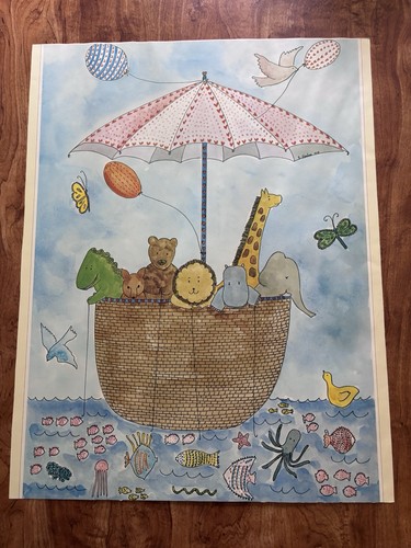 Vintage Print by Susan Gantner  "Fishing" 1978 Nursery Animals 14x18"-preowned