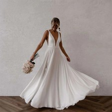 Elegant A-Line Wedding Dresses V-Neck Split Open Back Chiffon Bridal Gowns Train
