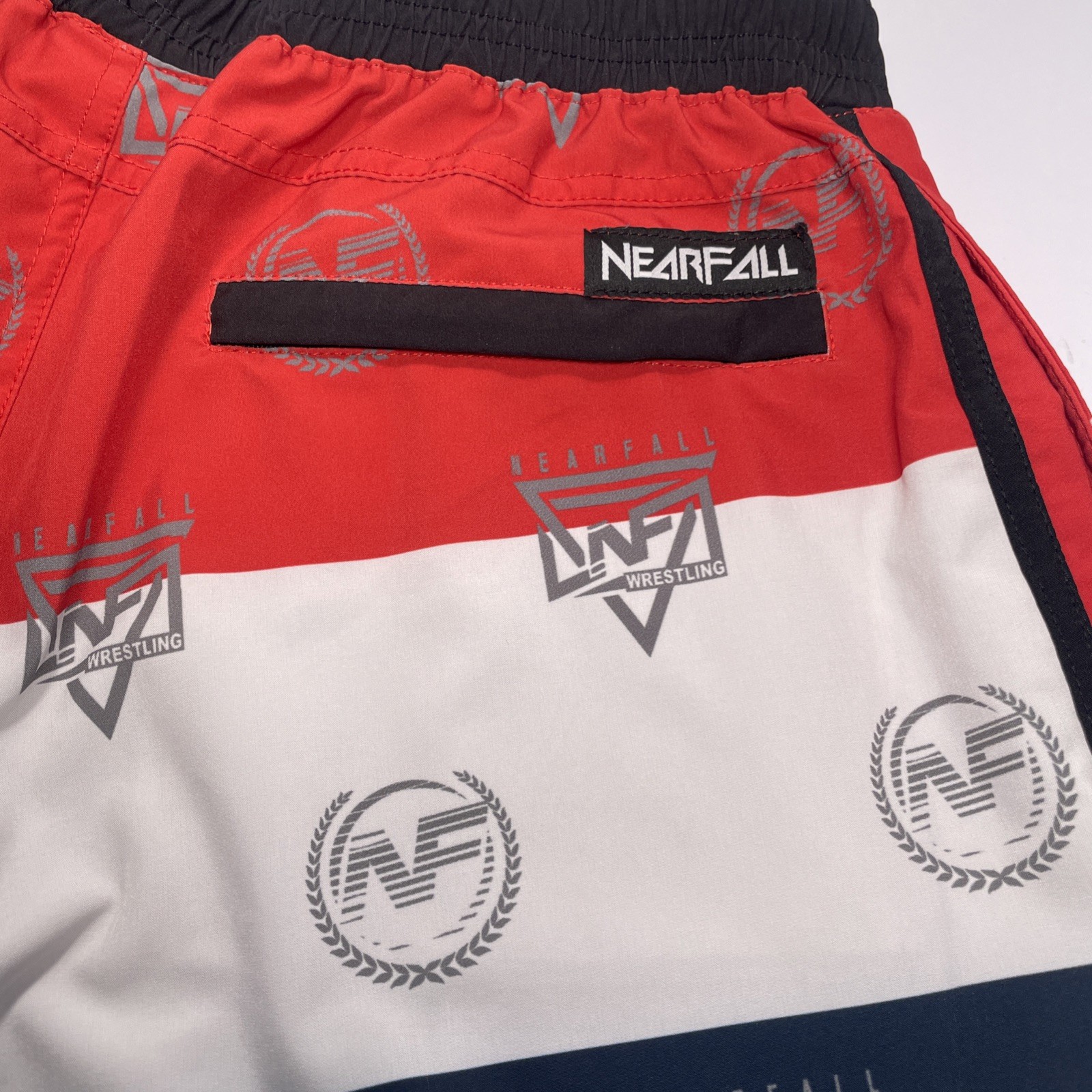 NEARFALL Wrestling MMA Shorts Mens Sz Medium Drawstring Elastic Red/White/Blue