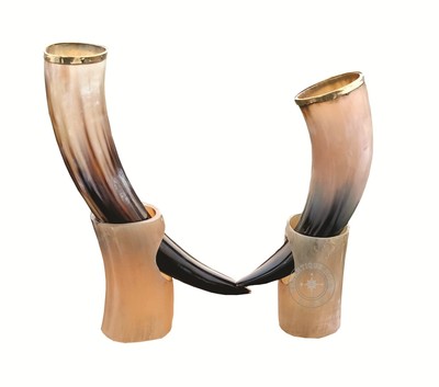 Set of Two Antique Style Horn Drinking Horn Mug with Stand Viking Style Beer ...