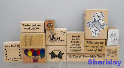Mostly Stampin Up Wood Rubber Stamp Lot Bears Balloons Frame Coffee Flag ++