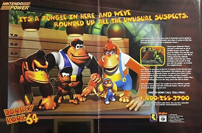 Vintage 1999 Donkey Kong 64 Orig 2-Pg Print Ad Authentic Art w/Insert NIN 126