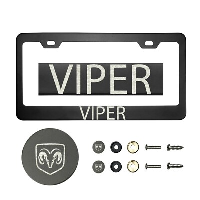 Fit Dodge Vipe T304 Laser Etching SS Steel Black License Plate Frame w/Metal Cap