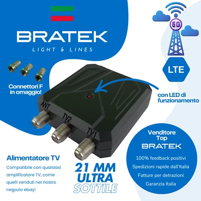 BRATEK Alimentatore Antenna TV Per Amplificatore Digitale Terrestre 2 Uscite 12V SLIM