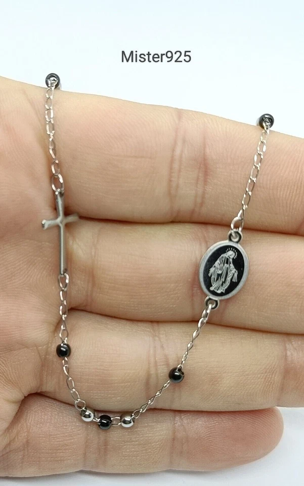 Collana girocollo rosario acciaio inox palline smalto nero uomo donna - Immagine 2 di 4