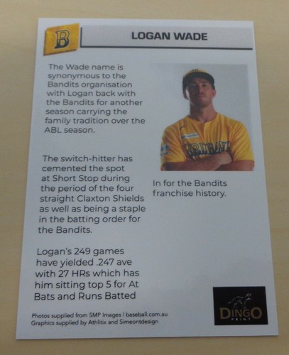 2019/20 Brisbane Bandits (Aussie Baseball) LOGAN WADE Card - Fort Myers Miracle - Foto 2 di 2