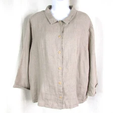 FLAX  Linen Tan Button Shirt Women's L 3/4 Sleeve Lagenlook Minimalist Coastal