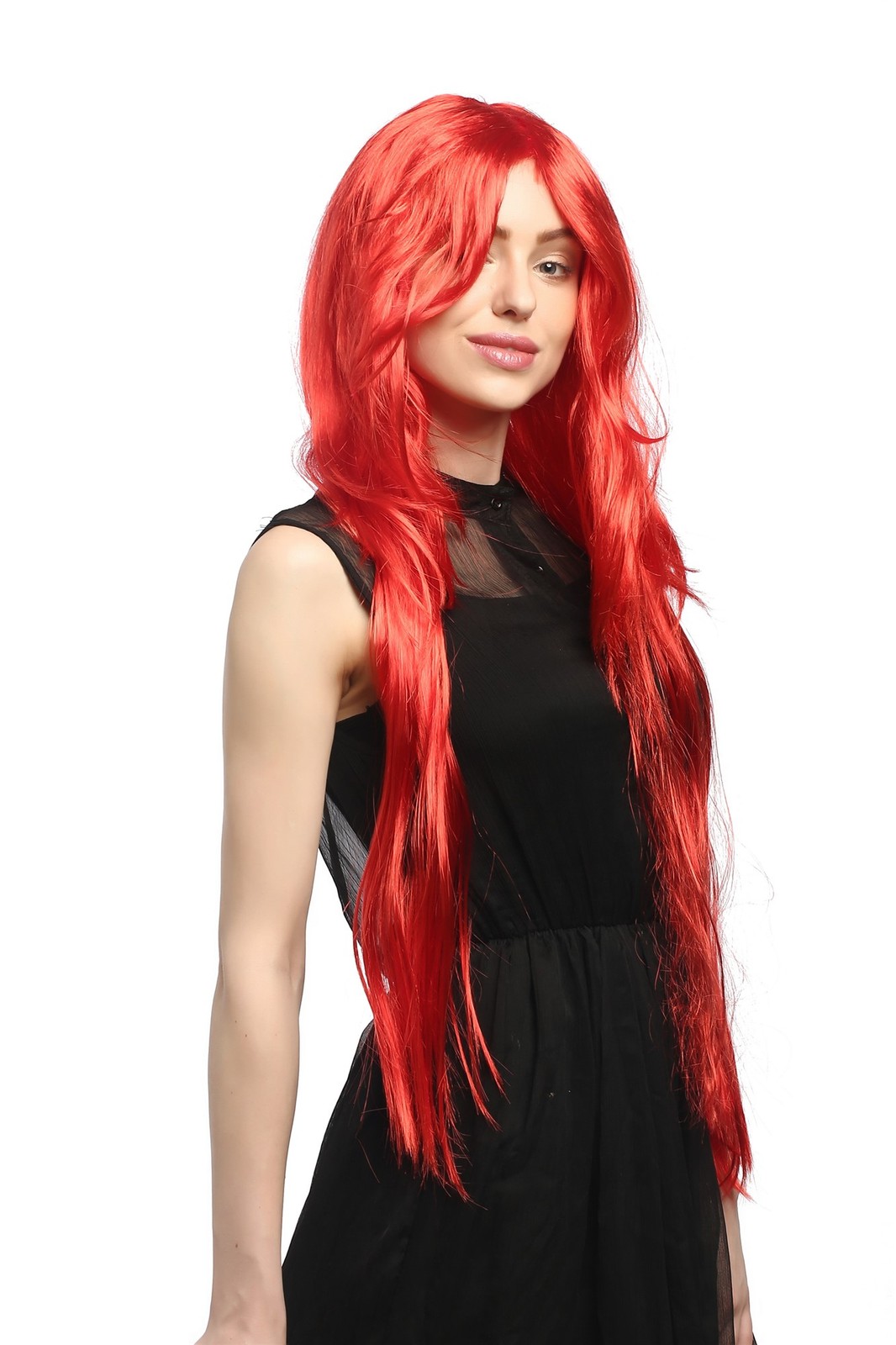 Peluca Para Damas Carnaval Rojo Fuego Liso En Capas Con Parte Larga 85cm