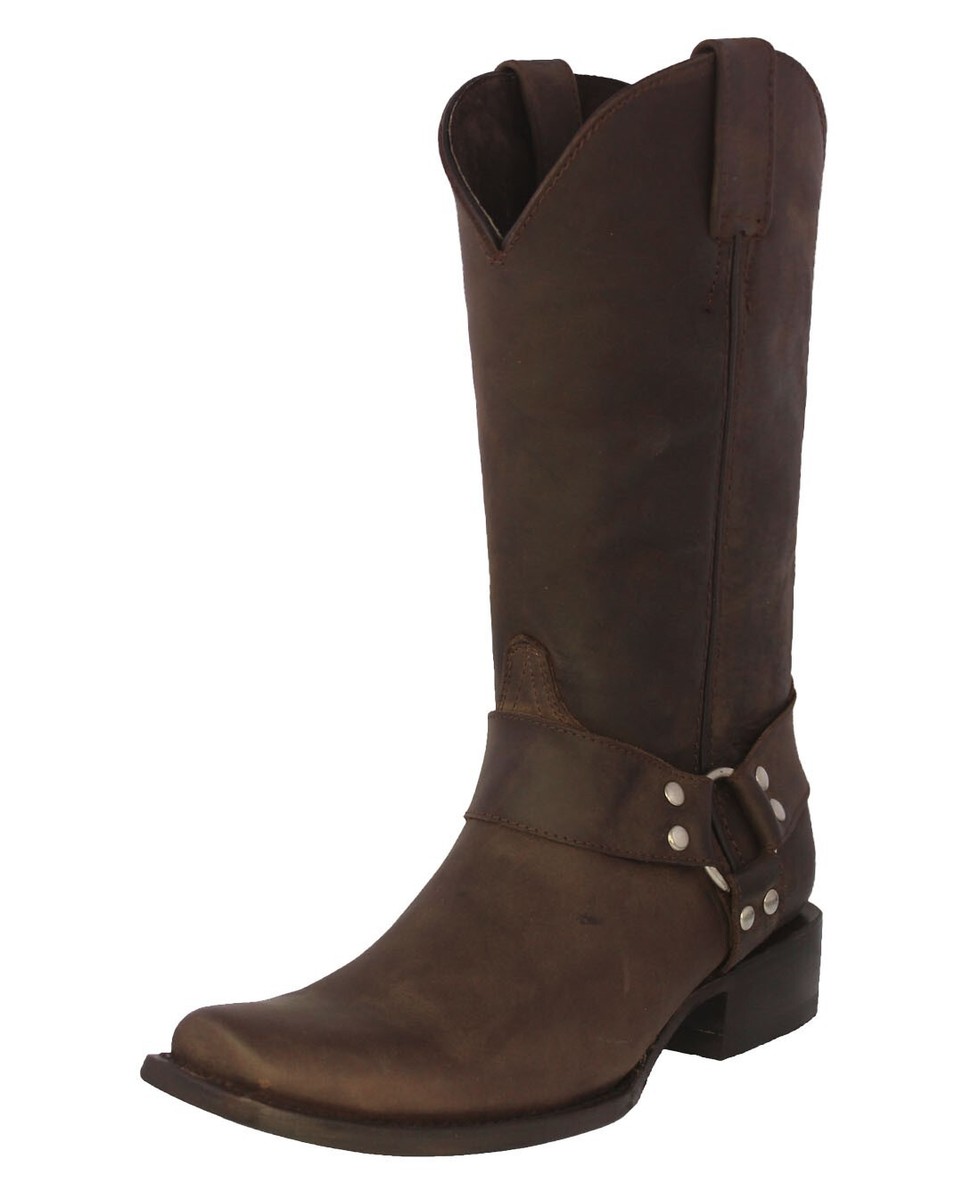 Mens Brown Western Boots Cowboy Dress Leather Motorcycle Harness Square Toe  | eBay